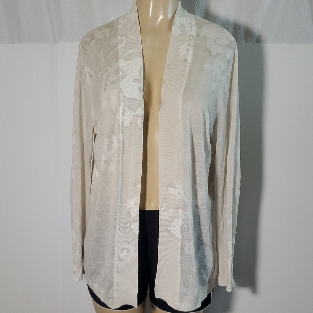 Chico's Women's Soft Blossom Linen/Cotton Knit Open Front Cardigan Sweater Siz 2